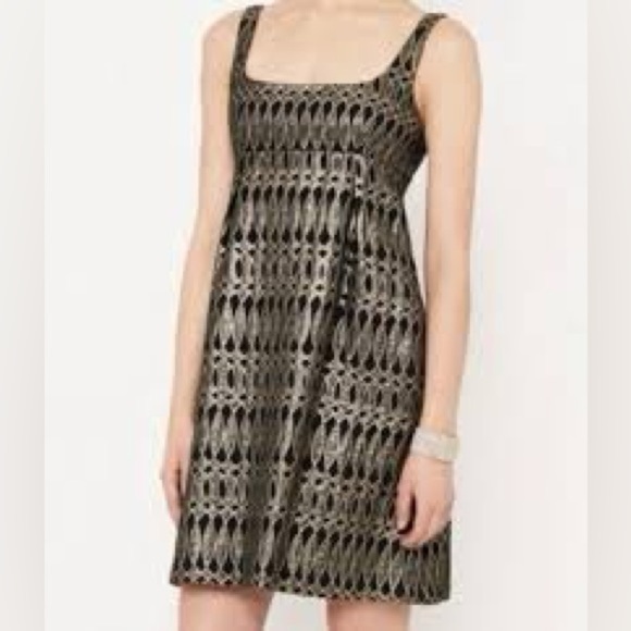 MILLY Jacquard Brocade Black and Gold Metallic Print Babydoll Dress Size 6 - Picture 1 of 6